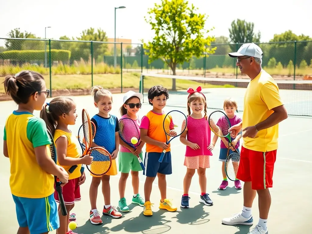 A vibrant image of children participating in a beginner tennis lesson on a sunny court, with a coach providing guidance and encouragement.