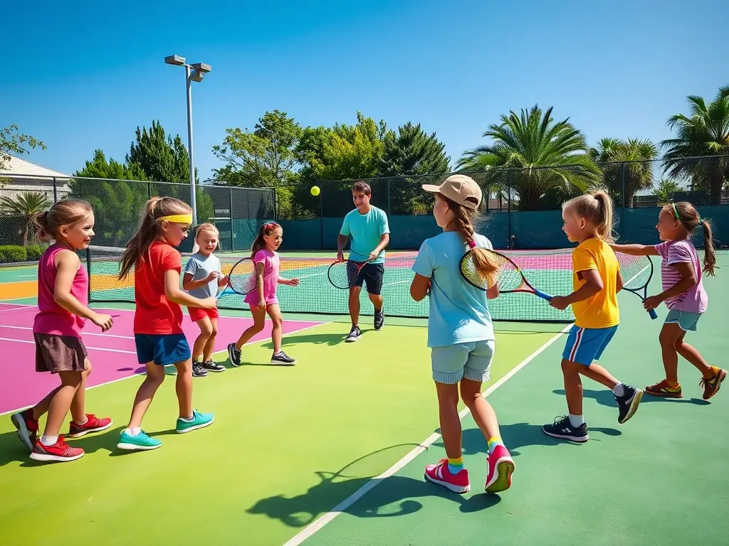 A photograph capturing a diverse group of tennis players, including children and adults, participating in a group lesson on a sunny tennis court. The coach is demonstrating a technique, and the players are engaged and smiling.