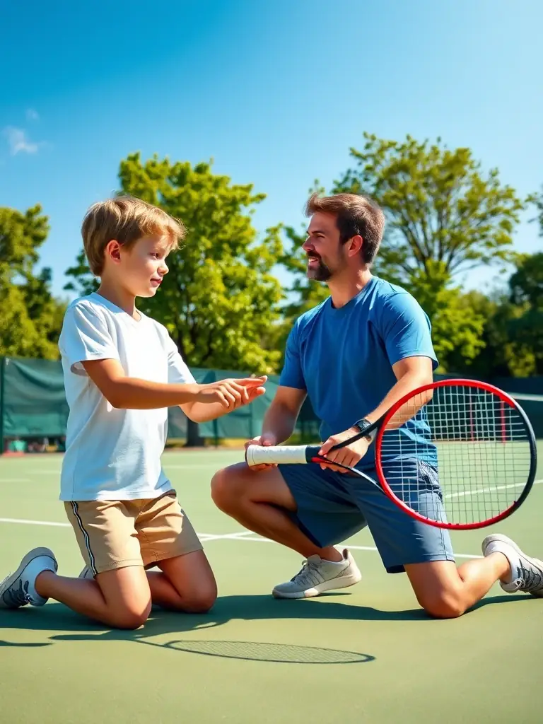 A professional tennis coach demonstrating a serve technique to an adult student at TENNIS CLUB MUNICIPAL DE PREUILLY.