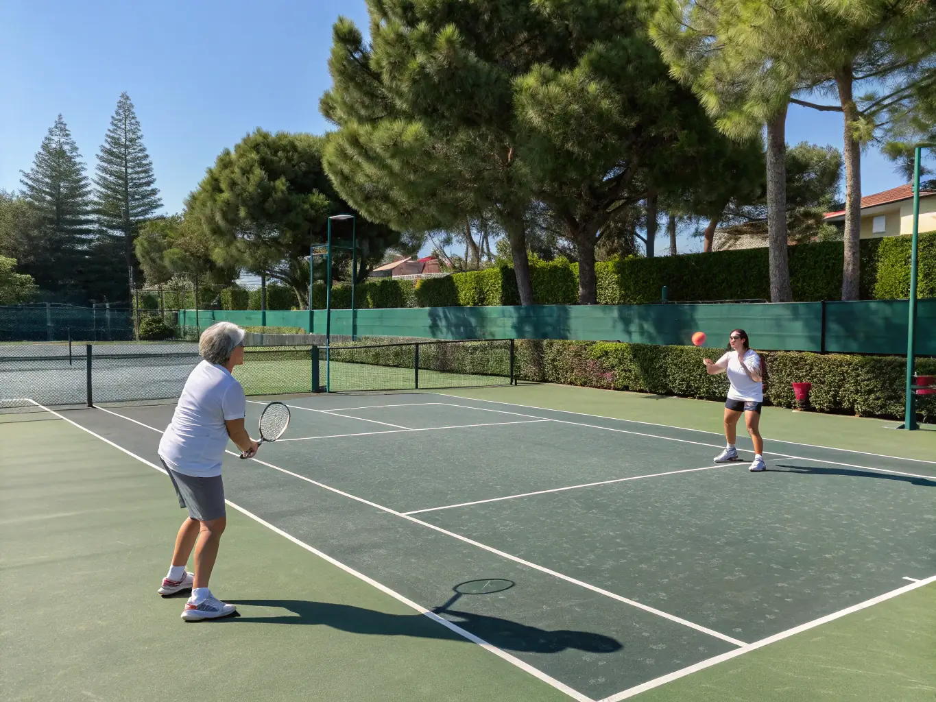 A serene image of seniors enjoying a relaxed game of tennis, emphasizing the accessibility of the sport for all ages.