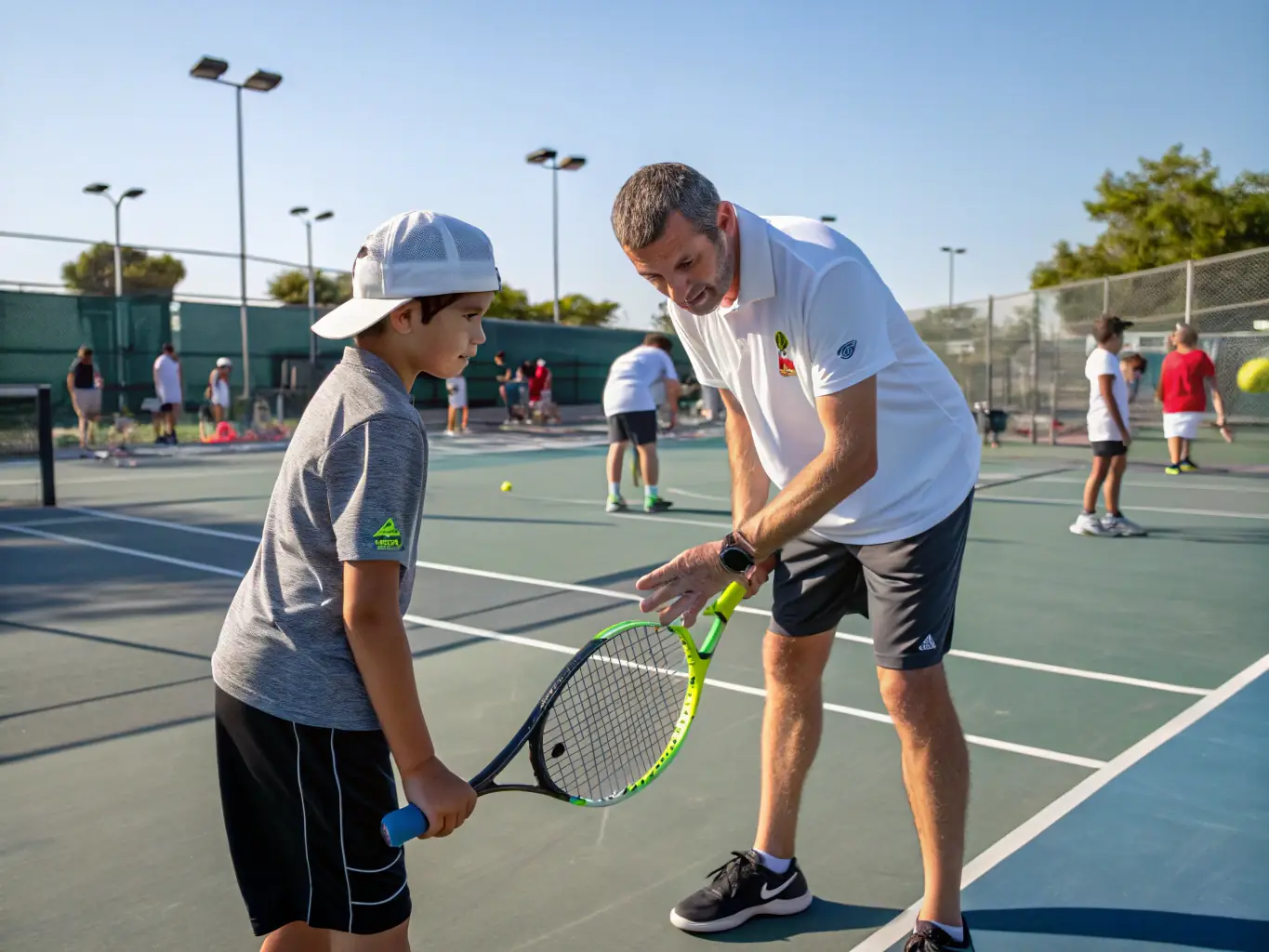 A close-up shot of a tennis coach providing personalized instruction to a young player. The coach is offering guidance on technique, and the player is focused and receptive.