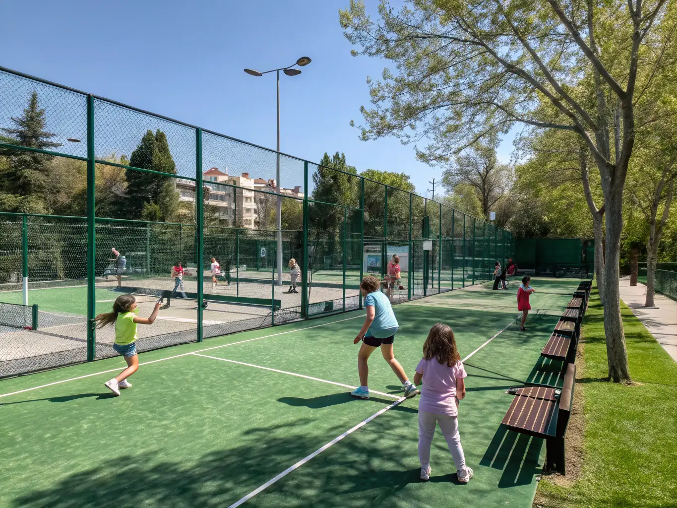 A vibrant image of children and adults playing tennis on well-maintained courts, smiling and engaging in coaching sessions.