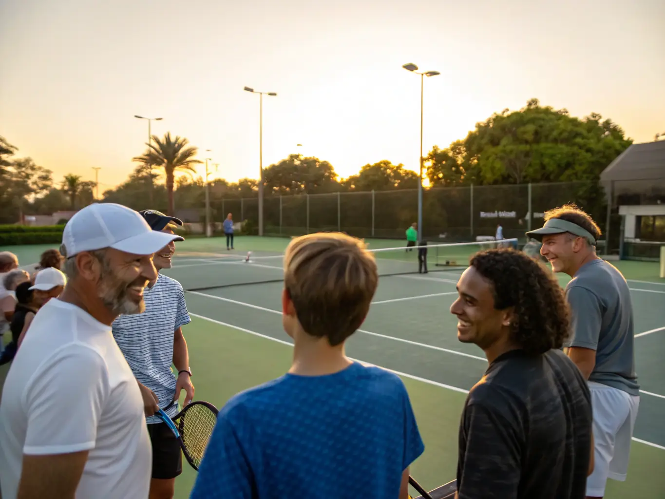 A serene image of club members participating in a social tennis event, with players of different ages and backgrounds enjoying a friendly match and refreshments.
