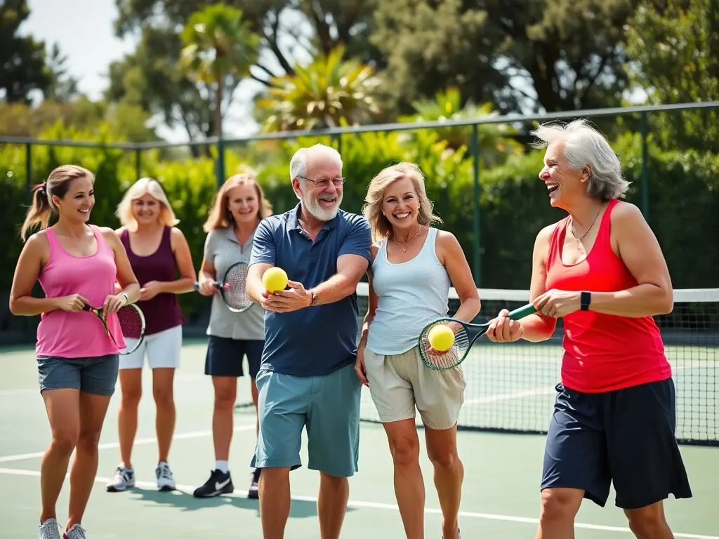 A group of adults enjoying a social tennis game, laughing and interacting on the court, emphasizing the fun and social aspects of the sport.