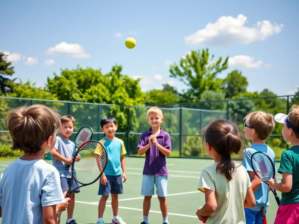 A group of children participating in a beginner tennis lesson on an outdoor court, with a coach providing instruction and encouragement.