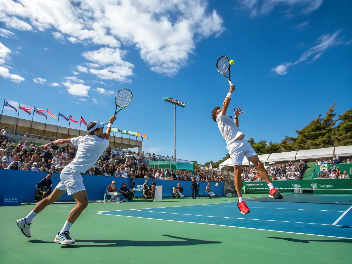 An action shot of a competitive tennis match at TENNIS CLUB MUNICIPAL DE PREUILLY, showcasing players in intense rally with spectators cheering in the background.