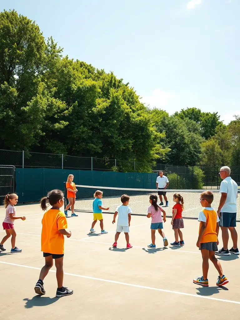A group of children participating in a tennis lesson on a sunny day at TENNIS CLUB MUNICIPAL DE PREUILLY, focusing on forehand technique.
