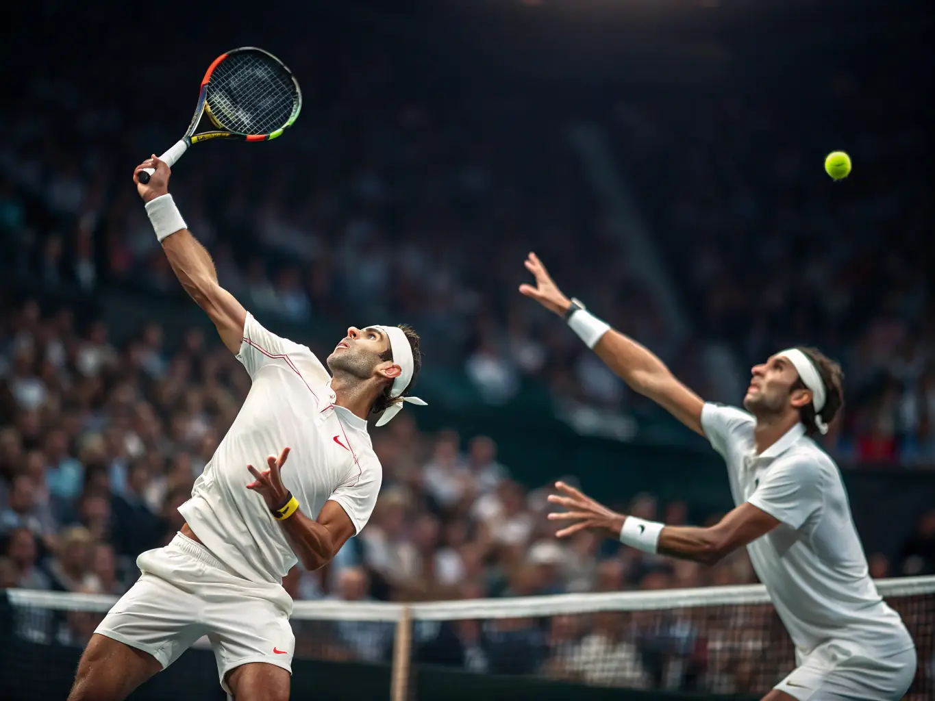 An action shot of adults participating in a competitive tennis match, showcasing skill and teamwork.