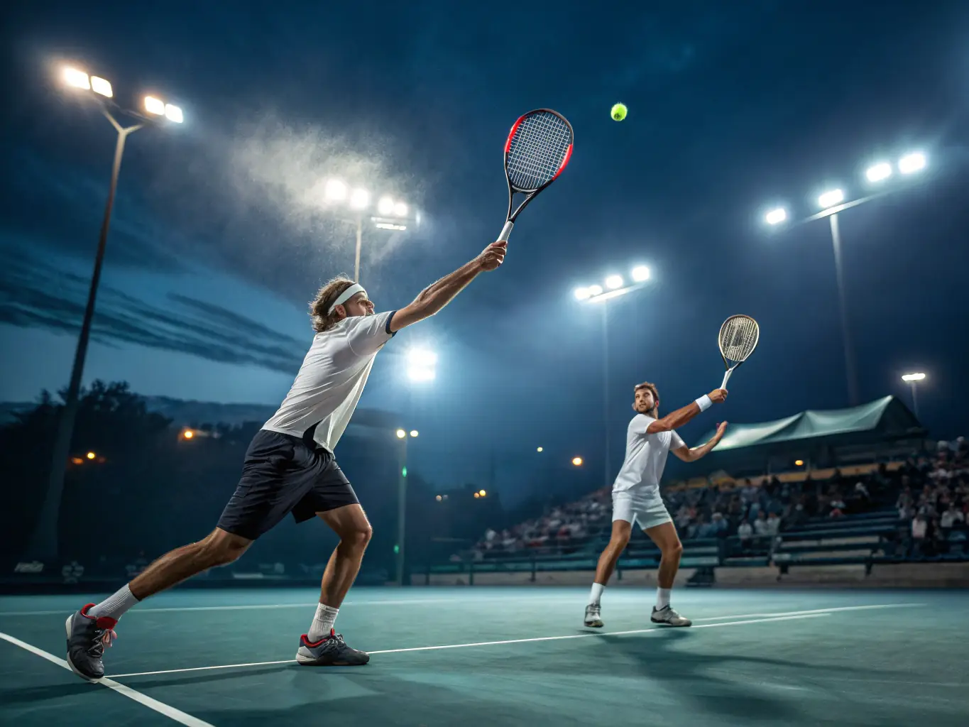 A dynamic image of adults participating in a competitive tennis match on a well-maintained court, showcasing the intensity and excitement of the game.